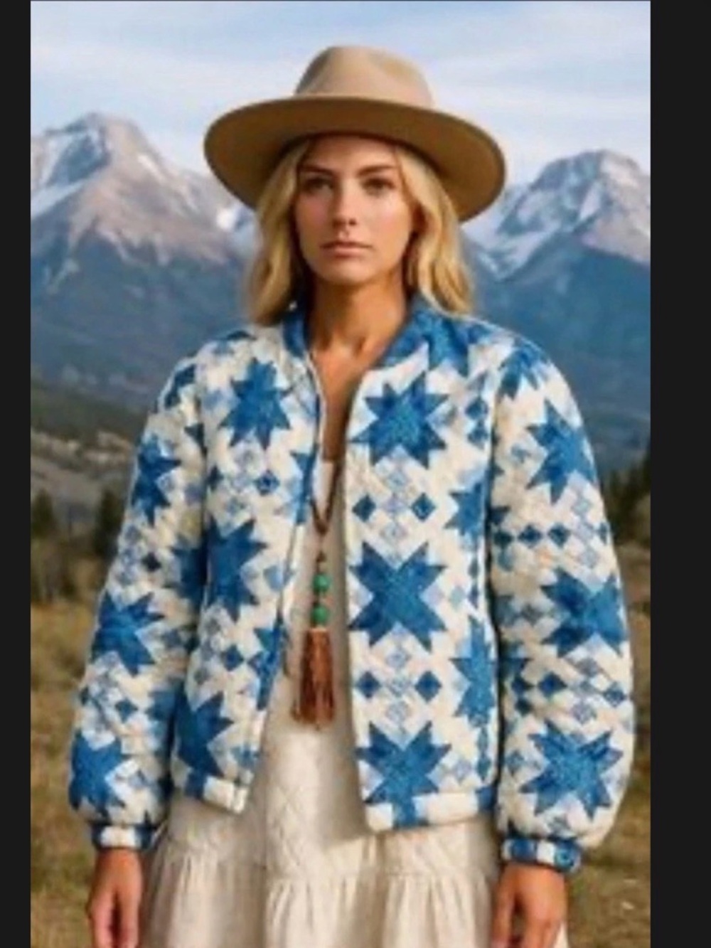 House of Harlow 1960 Blue and Cream Star-Pattern Quilted Puffer Jacket